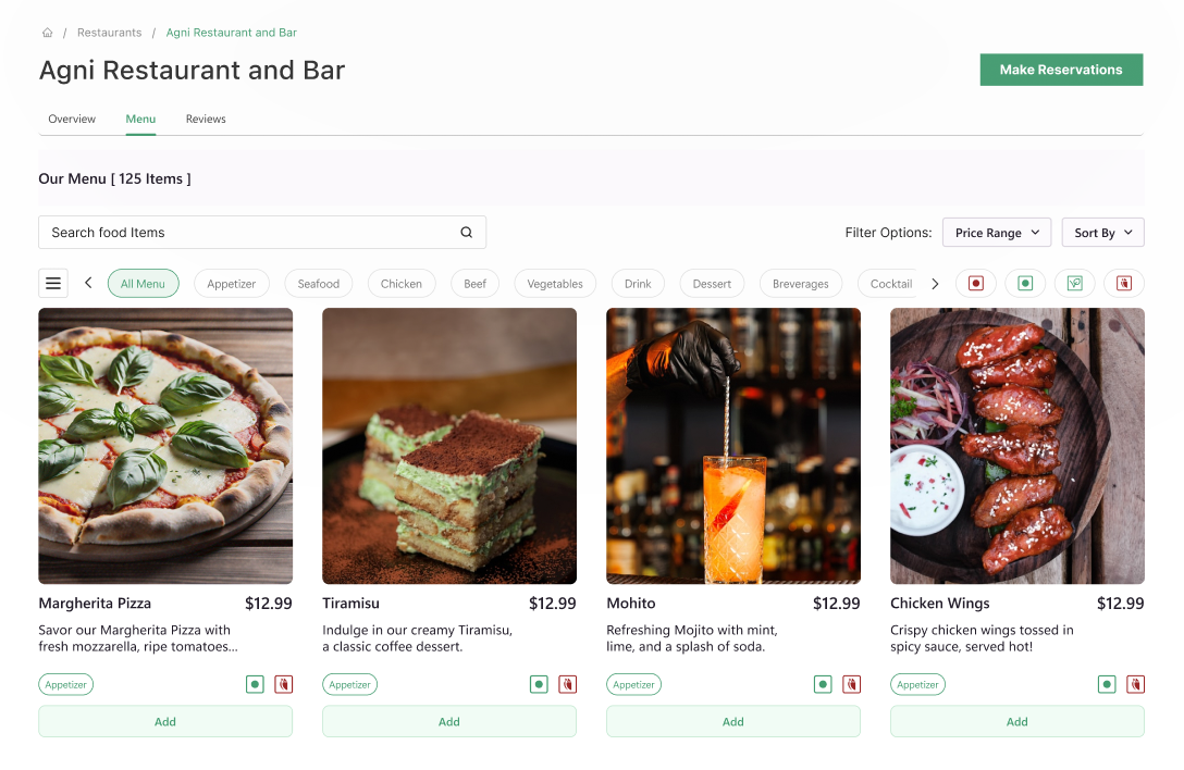 Customizable food menu